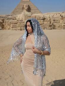 1 قطعة وشاح رأس نسائي سهرة بوهيمي ذهبي بترتر وشراشيب من الشبك بتأثير لامع - فضي - مشاهدة 4