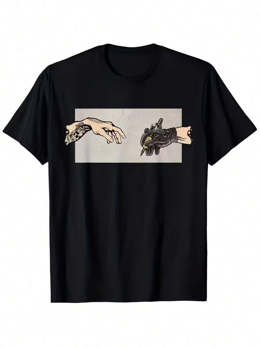 Camiseta de manga corta para hombre, edición Genesis Tattoo, estampado artístico, estilo vintage moderno, corte holgado y cómodo. - Negro - Ver 1