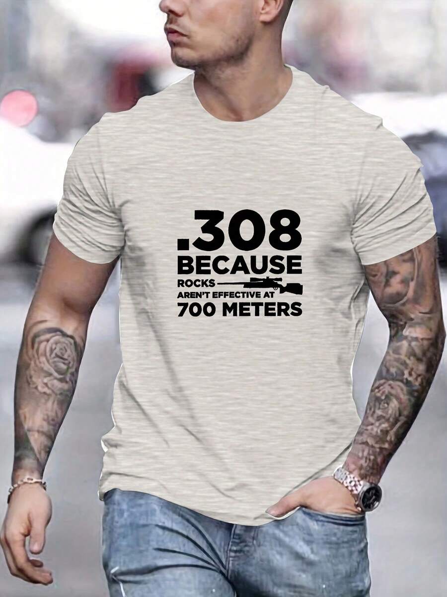 Men's T-Shirt With A Fun Shooting Sports Design | Design "308 Because 308 Because Rocks Don't Argue And 700m Effective Range" - Navy Blue, Short Sleeve, Casual Sporty Style, Stretch Fabric, Round Neck, Perfect For Hunting And Outdoor Shooting Enthusiasts. - 白色 - 查看 1