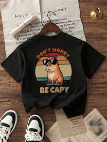 Children's Retro Style Capybara Pattern T-Shirt, Fun Slogan Print Casual Short Sleeve Summer Top - Black - View 3