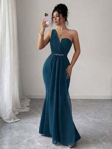 2026 Nuevo Vestido elegante y romántico para mujer con cuello asimétrico tipo bandeau, cintura ceñida, bajo de cola de pez, decoración de perlas, adecuado para fiestas y reuniones - Agua verde azul - Ver 5