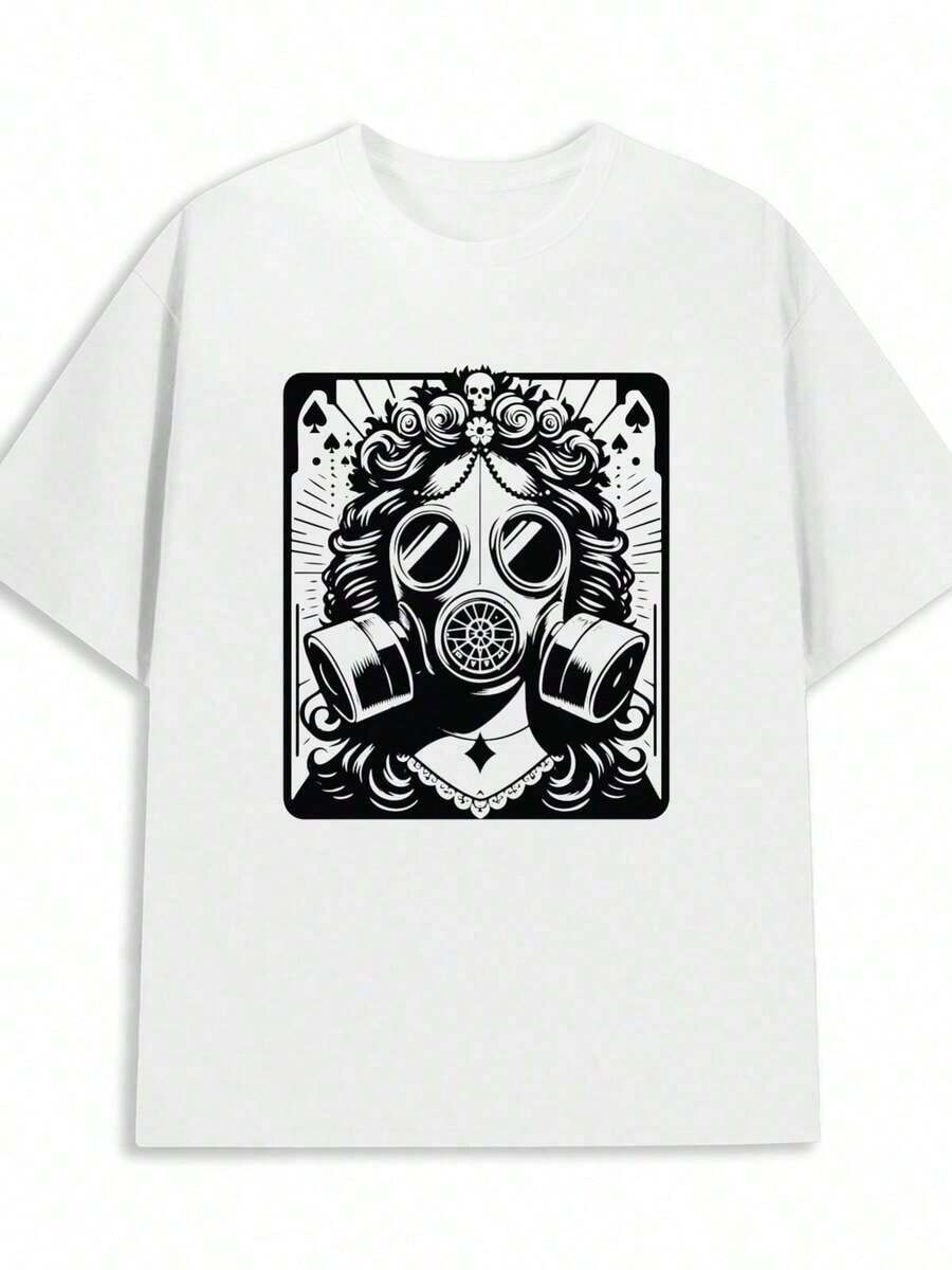 GasMaskAce T-Shirt | 100% White Fashionable Summer T-Shirt, Machine Washable, Fun And Playful, Cool And Funny, Funny Game Over Halloween Gifts, Crew Neck, Regular Sleeve, Digital Heat Transfer - 黑色 - 查看 1