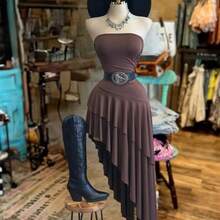 . .  Vestido de mujer de unicolor y bajo asimétrico (cinturón no incluido) - Cafetería - Ver 2