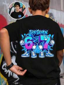 Basic Short-Sleeved T-Shirt For Pre-Teen Boys, Featuring A Cartoon-Style Slogan Graphic Print With The Number 67, In A Minimalist And Refreshing Style, Suitable For Casual Spring, Summer And Autumn Outfits - 紅色 - 查看 1