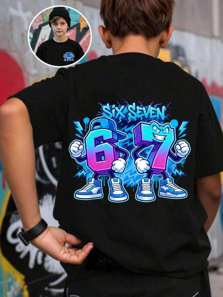 Basic Short-Sleeved T-Shirt For Pre-Teen Boys, Featuring A Cartoon-Style Slogan Graphic Print With The Number 67, In A Minimalist And Refreshing Style, Suitable For Casual Spring, Summer And Autumn Outfits - 紅色 - 查看 1