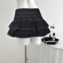 guang zhou mi qian shang mao  Minifalda de mezclilla con volantes en el bajo de unicolor para mujer - Negro01 - Ver 9