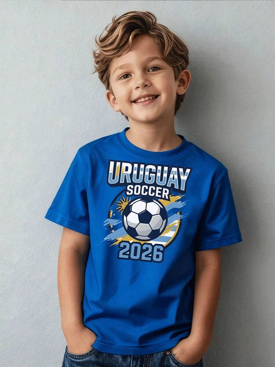 Boys' Casual Sports Uruguay Football 2026 Graphic Print Soccer T-Shirt, Black Short Sleeve Shirt For Children Ages 4-12, Kids' Clothing - 藍色 - 查看 1