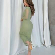 Vestido elegante y ceñido de manga larga y longitud media, con diseño de pliegues en malla, para usar en citas o fiestas, para mujer, otoñal - Blanco - Ver 3
