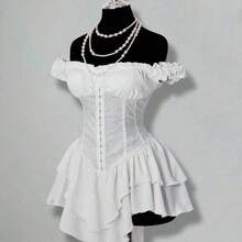 ICON Vestido corto de gasa con volantes en el hombro, cintura fruncida y estampado jacquard para mujer, elegante para fiestas y uso casual - Beis - Ver 4