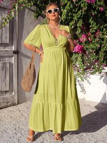 Vestido de mujer talla grande, romántico y elegante con parches de encaje, para uso casual, vacaciones, playa y uso diario, primavera/verano - Mostaza Amarilla - Ver 7