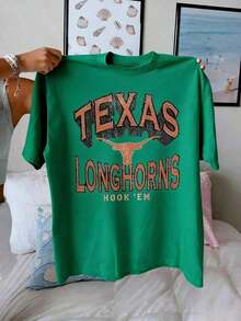 Texas Longhorns Graphic Showcasing Iconic Longhorn With Vintage Distressed Lettering, Casual Tee Ultimate Fan 220g Comfortable Fit2025 - Green - View 2