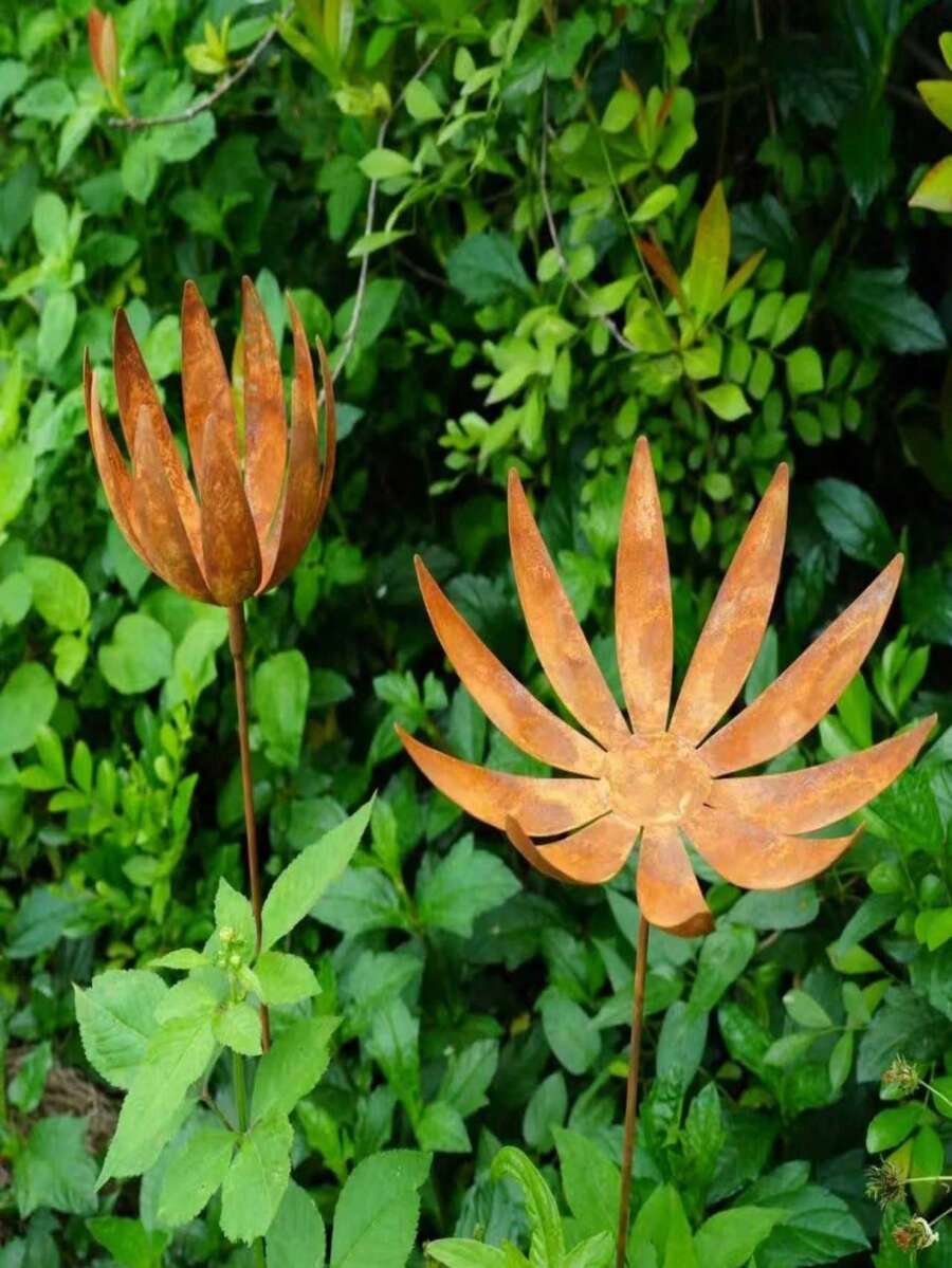 1件复古金属花卉花园插牌,乡村铁艺户外庭院装饰,花卉造型草坪摆件,耐候耐用花园装饰品,户外雕塑,景观装饰,庭院美化,独特铁艺设计 - 生鏽花卉 - 查看 1