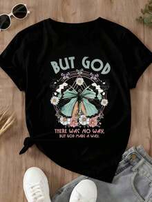 Comfortable For All-Day Wear. This Women's Casual T-Shirt Features A Round Neck, Short Sleeves, And A Butterfly And Flower Design With The Phrase "But God There Was No Way But God Made A Way," Perfect For Everyday Wear And A Touch Of Religious Inspiration. The Relaxed, Comfortable Fit Flatters All Body Types, While The High-Quality Material Is Soft To The Touch And Durable. - 黑色 - 查看 4