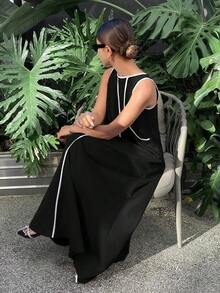 Vestido largo suelto sin mangas de unicolor para mujer, vestidos extra largos con paneles de colores contrastantes - Negro - Ver 3