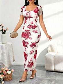 Lady Vestido de manga corta de talla grande con patrón de mármol y drapeado ajustado de longitud media, vestido rosa para fiestas elegantes, uso diario, cuatro estaciones, vestidos para cruceros, atuendos de verano para mujer, vestidos midi para cumpleaños y eventos, vestidos de oficina, vestidos de iglesia, vestidos de boda, vestidos de vacaciones, vestidos de invitada de boda, vestidos elegantes y de clase para mujer - Rosa 2 - Ver 5