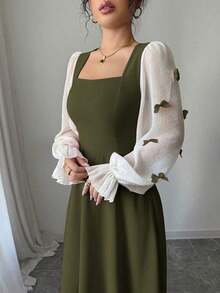 Vestido de mujer con parches tejidos, decoración de lazo y cintura ceñida - Verde militar - Ver 3