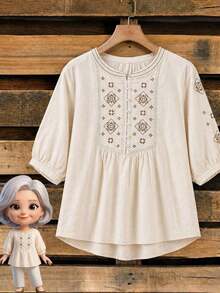 Regalo para mamá Blusa con bordado y volantes, camisa de manga 3/4 holgada y abullonada adecuada para uso diario, vacaciones y reuniones familiares en verano - Albaricoque - Ver 3
