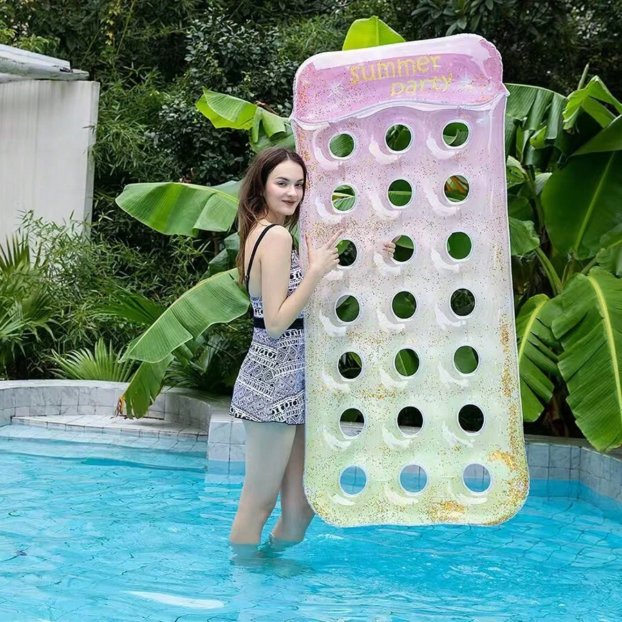 1 pieza Colchoneta flotante de piscina transparente y creativa multicolor, hamaca de silla de descanso con agujero impreso, colchoneta inflable para nadar, colchoneta para tomar el sol en fiestas, flotador de piscina, esencial de playa, accesorio de playa - Lámina flotante redonda con agujeros y degradado de purpurina de 180# - Amarillo Rosa - Ver 1