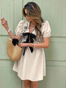 Vestido corto casual de vacaciones para mujer con rayas, bordado hueco y cordones - Albaricoque - Ver 2