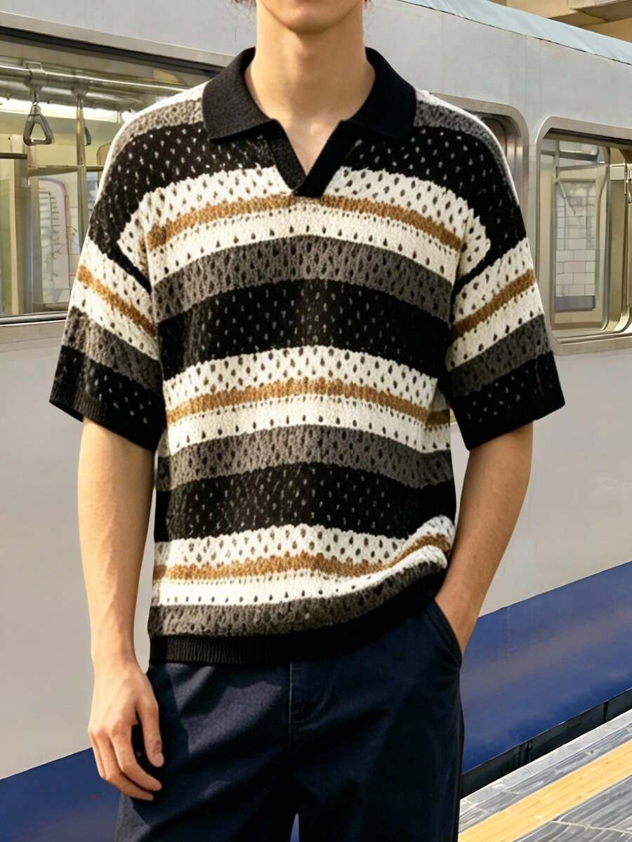 男士條紋短袖鏤空休閒針織上衣 - 黑與白 - 查看 1