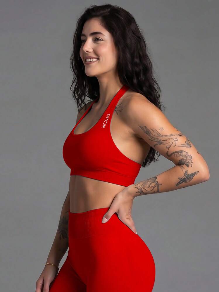 TNTOR Matte Solid Color Seamless Racerback Sports Bra For Women, Removable Pads, Enhances Bust Line, Backless Single Strap Flatters Back, Breathable Sweat-Wicking, High Elasticity Tight Fit Fashionable Sports Tank Top, Outdoor Running Cycling Shorts, Sexy Fitness Shaping Activewear Yoga Bra Z232 - Red - View 4