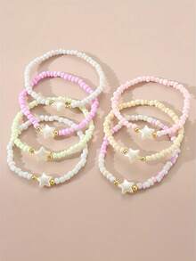 7pcs/Set Girls Exquisite Cute Heart & Star Decorated Colorful Beaded Bracelet Set, Multi-Layer Stackable Bracelets, Suitable For Girls To Wear At Parties, Gatherings, Daily Wear - one-size - View 6
