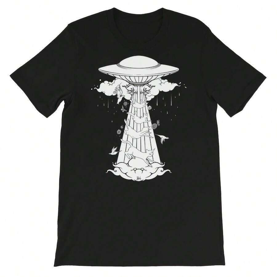 UFO And Cats Alien T-Shirt, Surreal Artwork Graphic Tee, Art Streetwear - hình dạng - Xem 1