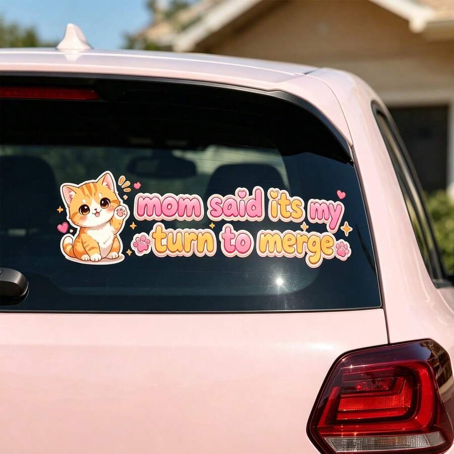 1件可愛貓咪趣味防撞貼紙,媽媽說輪到我併線了車貼,防水乙烯基可愛動物窗貼汽車外飾裝飾配件,適合青少年女孩和女性駕駛者 - 粉紅車貼 - 查看 1