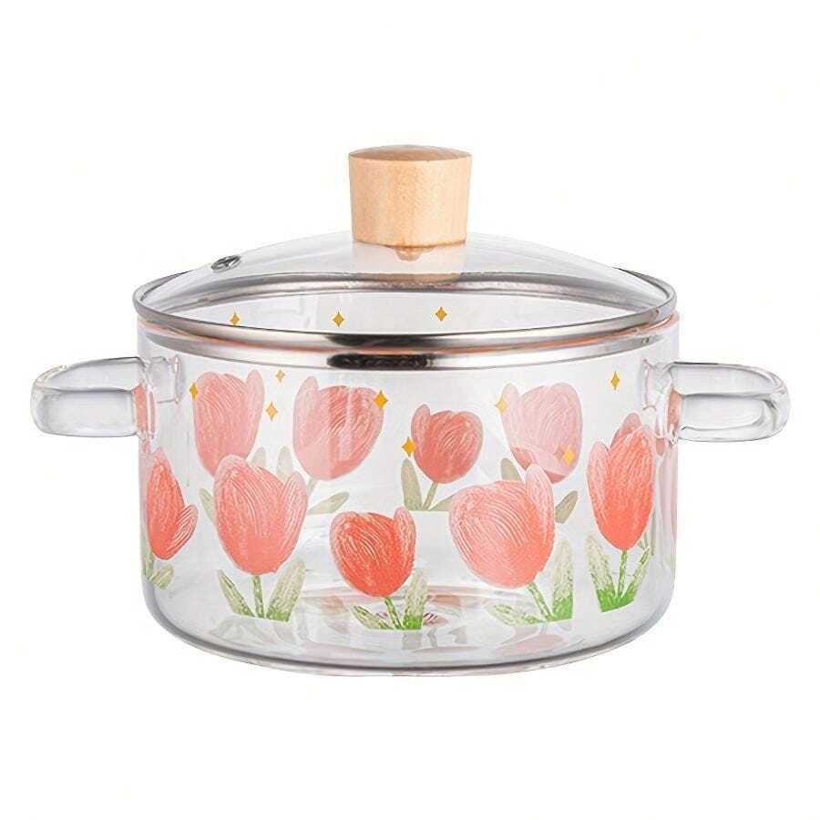 1pc of tulip printed glass soup pot, 1500ml/50.7oz. Made of borosilicate glass, Suitable for gas stoves, portable stoves, cartridge stoves, electric ceramic stoves, not suitable for induction cooktops, portable small pot, double-handled glass pot - Übersicht 1