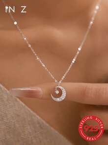 1pc 925 Sterling Silver Moon & Star Pendant Necklace, Cross Gold Necklace, Suitable For Women's Daily Wear - Necklace - View 1