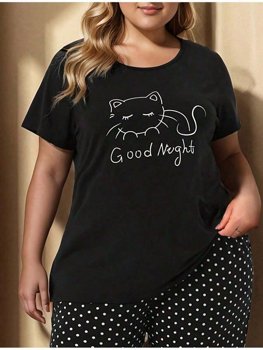 Pijama personalizado (solo parte superior) para mujer, moderno, casual, cómodo y práctico para el hogar, con ilustración sencilla de un gato y estampado de "buenas noches", cuello redondo, manga corta y diseño de lunares. CL6R - Negro - Ver 1