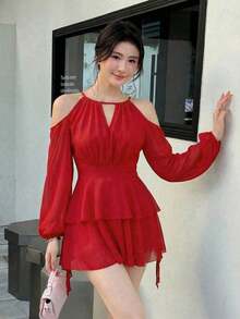 xheCelisse Vestido corto casual, de oficina y para citas con hombros descubiertos, mangas farol, volantes en la cintura y bajo, para primavera/verano/otoñoxhe - Rojo - Ver 3