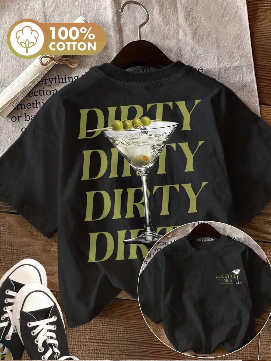 100% Cotton. Soft Cotton T-Shirt. 1pack[Double-Sided Print]Women's Casual Summer Top Modern Style DIRTY Olive Print Crew Neck Pure Cotton Short Sleeve[LingK]. Vintage Summer T-Shirt. - 黑色 - 查看 1