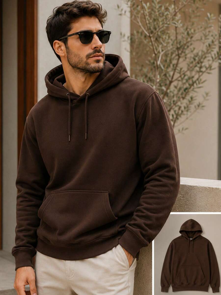 Men's High Quality Fleece Hoodie With Pocket, Basic, Plain - 鏽棕色 - 查看 1