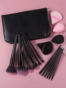 17 piezas Juego de brochas de maquillaje profesional con bolsa, borlas de polvo y 2 esponjas de belleza, kit todo en uno, conjunto completo para maquillaje de rostro completo y ojos - Negro - Ver 5