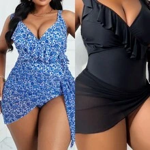 Plus Size Women's One-Piece Swimsuit With Ruffles + Mesh Skirt - 藍色 - 查看 2