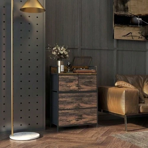Chest Of Drawers, Sideboard, 4 Fabric Drawers, Industrial Design, 60x29x85cm, Brown/Black - Rust Brown - View 1