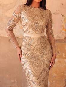Faeriesty Vestido Longo Formal Elegante Feminino de Manga Longa, Gola Redonda, com Lantejoulas e Contas, Adequado para Uso em Festas - Champanhe - Visão 6