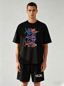 American Flag Fish Print T Shirt And Shorts Set For Men Casual Outdoor Fishing Gear Comfortable Breathable Summer Outfit Huk Brand Sportswear For Fishing Enthusiasts And Adventure Lovers - 黑色 - 查看 1