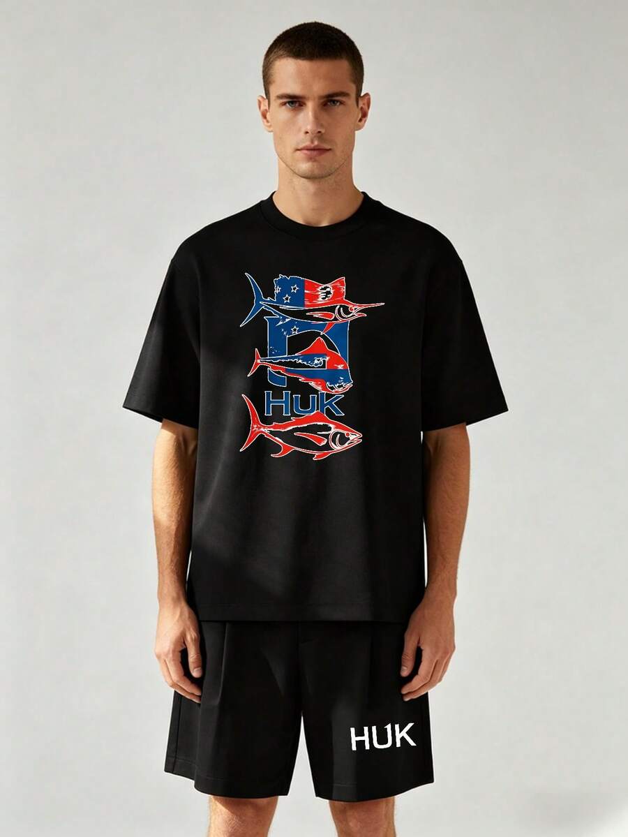 American Flag Fish Print T Shirt And Shorts Set For Men Casual Outdoor Fishing Gear Comfortable Breathable Summer Outfit Huk Brand Sportswear For Fishing Enthusiasts And Adventure Lovers - 黑色 - 查看 1