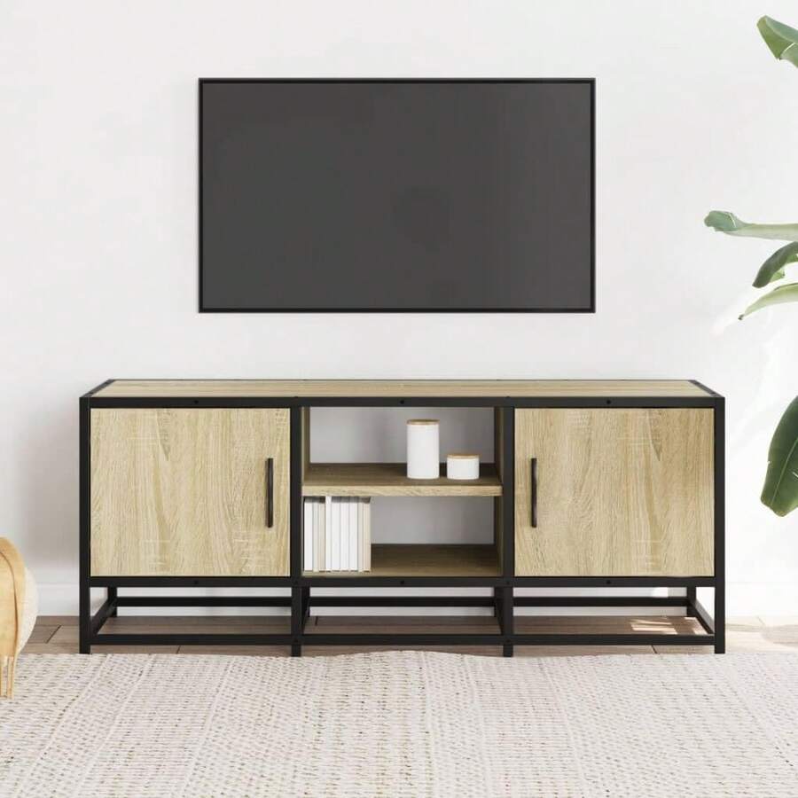 vidaXL TV Schrank, Lowboard Für Fernseher, Fernsehtisch Mit Stauraum, Fernsehschrank Für Wohnzimmer Schlafzimmer, Eiche Hell-Khaki 100x35x41cm Holzwerkstoff Metall