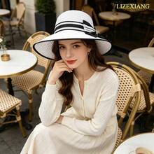 Black Bow Summer Straw Sun Hat,Cruise Essentials,Beach Accessories For Women,Beach Hat,Hats For Women,Summer Hats For Women,Sun Hats For Women,Straw Hat,Hats For Women Elegant - trắng - Xem 2