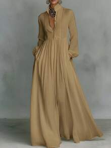 2026 Spring Solid Maxi Dress, High Waist Flowy Swing Gown, Elegant Outfit For Party Date Vacation Daily Wear - 淺棕色 - 查看 1