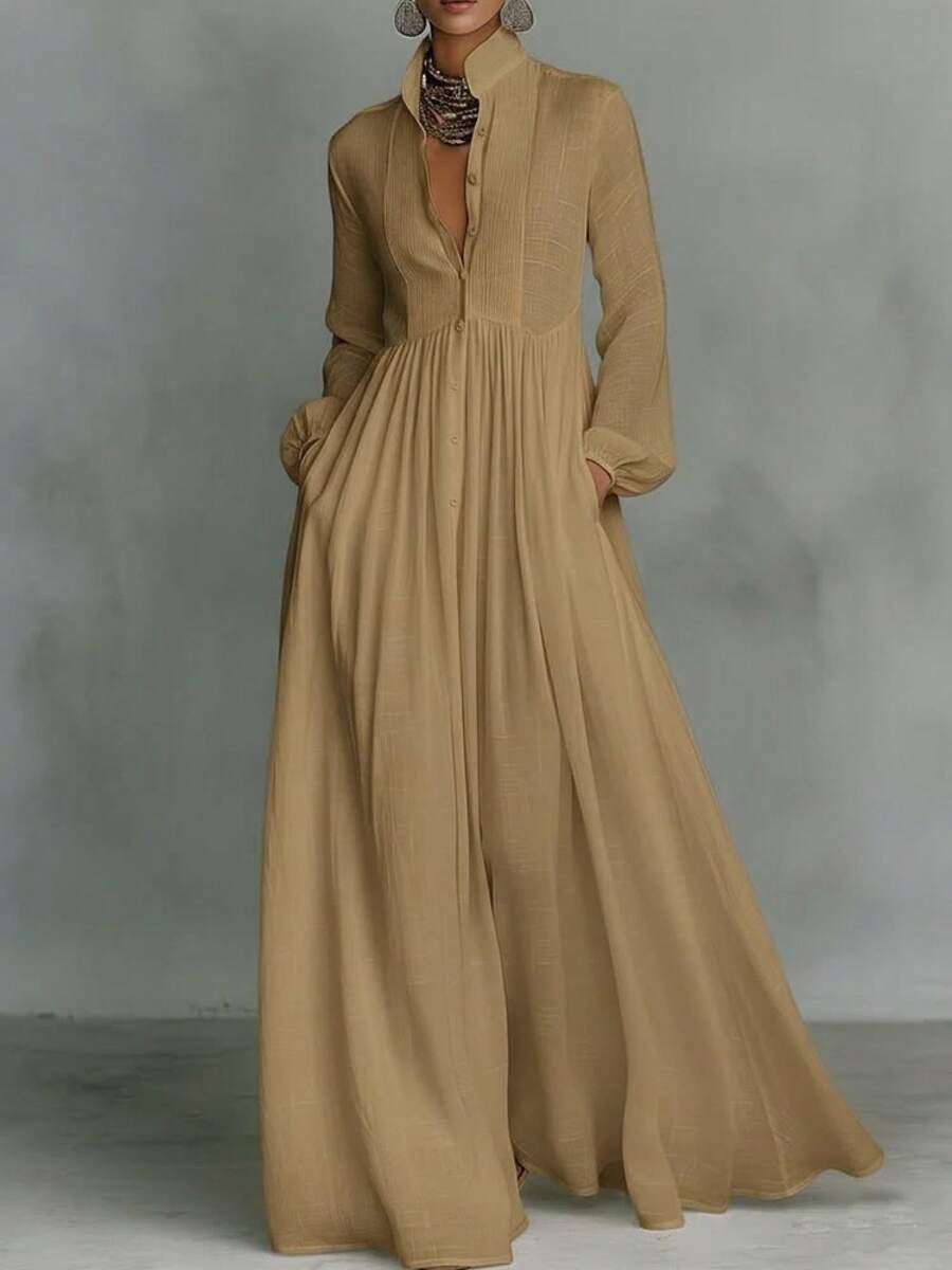 2026 Spring Solid Maxi Dress, High Waist Flowy Swing Gown, Elegant Outfit For Party Date Vacation Daily Wear - 淺棕色 - 查看 1