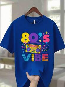 Men's Crew Neck T-Shirt, 100% Cotton, 220G, In Navy Blue, With A Vibrant Retro 80s Boombox Graphic With The Words 'FUNKY' And 'VIBE', Along With Fun Stars And Zigzag Patterns - An Ideal Gift For Men, Perfect For Casual Summer Wear. - 藍色 - 查看 6