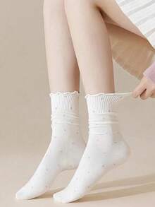 1/6 Pares de Meias Femininas Coloridas com Bolinhas, Borda com Babado, Elásticas e Caneladas, Estilo Doce e Fofo, Adequadas para Campus e Uso Diário, Confortáveis e Casuais, Fáceis de Combinar, Tecido Confortável, Estilo, Essenciais para Saídas Diárias, Adequadas para Uso Externo e Interno, Fofas, Sortimento Aleatório - Multicolorido - Visão 3
