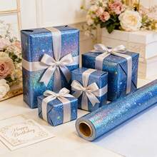 A Roll Of Blue Gradient Star Wrapping Paper, Featuring A Metallic Holographic Star Design. Suitable For Birthday,Graduation, Wedding And Baby Shower - Multicolor - View 3