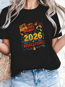 Camisa Casual Minimalista de Manga Corta Oversize, Feliz Año Nuevo, Resoluciones para 2026, 100% Algodón - Negro 4 - Ver 4
