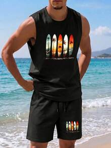 Conjunto de camiseta de tirantes de cuello redondo y pantalones cortos casuales de verano para hombre - Negro - Ver 3