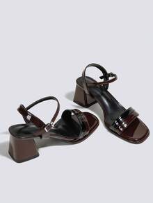 Women's Brown Patent Leather Colorblock Buckle Chunky Heel Block Heel Single Strap Square Heel Fashionable Versatile Commute Elegant Style High Heel Sandals - Brown - View 4